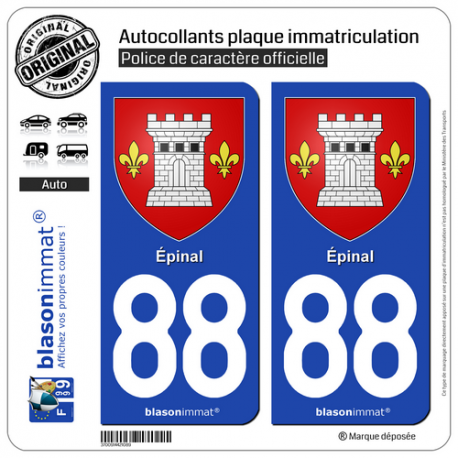 2 Autocollants plaque immatriculation Auto 88 Épinal - Armoiries