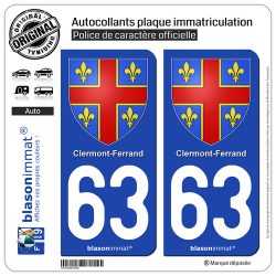 2 Autocollants plaque immatriculation Auto 63 Clermont-Ferrand - Armoiries