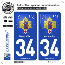 2 Autocollants plaque immatriculation Auto 34 Montpellier - Armoiries