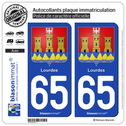 2 Autocollants plaque immatriculation Auto 65 Lourdes - Armoiries