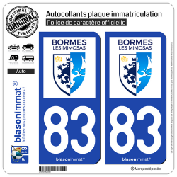2 Autocollants plaque immatriculation Auto 83 Bormes-les-Mimosas - Ville