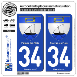 2 Autocollants plaque immatriculation Auto 34 Palavas-les-Flots - Armoiries