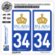 2 Autocollants plaque immatriculation Auto 34 Palavas-les-Flots - Ville