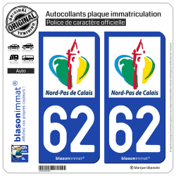 2 Autocollants plaque immatriculation Auto 62 Nord-Pas de Calais - Nostalgie