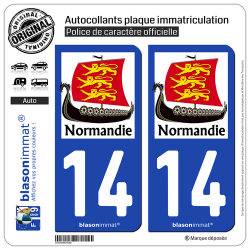 2 Autocollants plaque immatriculation Auto 14 Normandie - Drakkar 3 Léopards