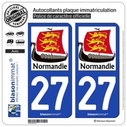 2 Autocollants plaque immatriculation Auto 27 Normandie - Drakkar 3 Léopards