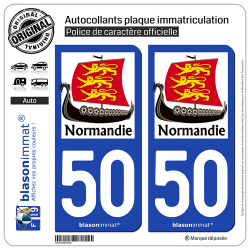 2 Autocollants plaque immatriculation Auto 50 Normandie - Drakkar 3 Léopards