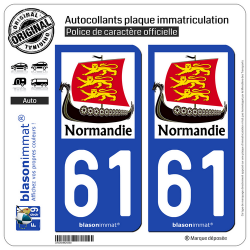 2 Autocollants plaque immatriculation Auto 61 Normandie - Drakkar 3 Léopards