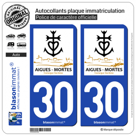 2 Autocollants plaque immatriculation Auto 30 Aigues-Mortes - Ville