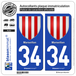 2 Autocollants plaque immatriculation Auto 34 Marseillan - Armoiries