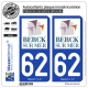 2 Autocollants plaque immatriculation Auto 62 Berck-sur-Mer - Ville