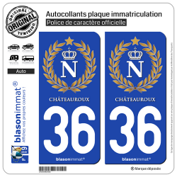 2 Autocollants plaque immatriculation Auto 36 Châteauroux - Ville impériale