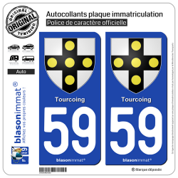 2 Autocollants plaque immatriculation Auto 59 Tourcoing - Armoiries