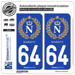 2 Autocollants plaque immatriculation Auto 64 Biarritz - Ville impériale