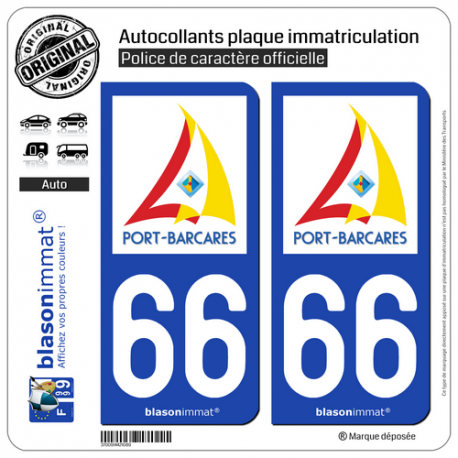 2 Autocollants plaque immatriculation Auto 66 Le Barcarès - Port