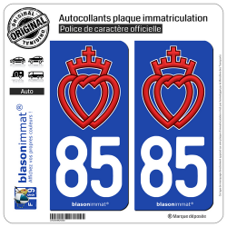 2 Autocollants plaque immatriculation Auto 85 Vendée - Coeur Vendéen