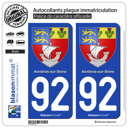 2 Autocollants plaque immatriculation Auto 92 Asnières-sur-Seine - Armoiries
