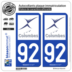 2 Autocollants plaque immatriculation Auto 92 Colombes - Ville