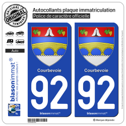2 Autocollants plaque immatriculation Auto 92 Courbevoie - Armoiries