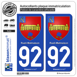 2 Autocollants plaque immatriculation Auto 92 Rueil-Malmaison - Armoiries