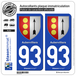 2 Autocollants plaque immatriculation Auto 93 Aubervilliers - Armoiries