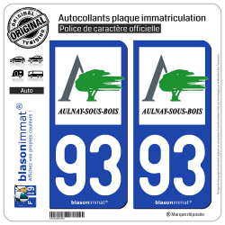 2 Autocollants plaque immatriculation Auto 93 Aulnay-sous-Bois - Ville