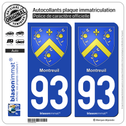 2 Autocollants plaque immatriculation Auto 93 Montreuil - Armoiries
