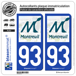 2 Autocollants plaque immatriculation Auto 93 Montreuil - Ville