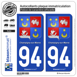 2 Autocollants plaque immatriculation Auto 94 Champigny-sur-Marne - Armoiries