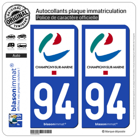 2 Autocollants plaque immatriculation Auto 94 Champigny-sur-Marne - Ville