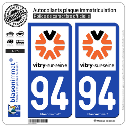 2 Autocollants plaque immatriculation Auto 94 Vitry-sur-Seine - Ville