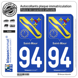 2 Autocollants plaque immatriculation Auto 94 Saint-Maur - Armoiries