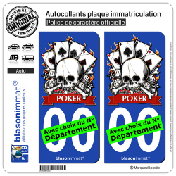 2 Autocollants plaque immatriculation Auto : PokerMania - Skull
