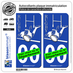 2 Autocollants plaque immatriculation Auto : Rugbyman - White