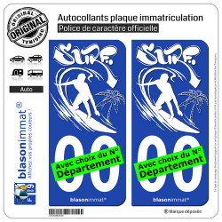 2 Autocollants plaque immatriculation Auto : Surfeur - White