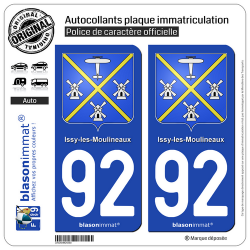 2 Autocollants plaque immatriculation Auto 92 Issy-les-Moulineaux - Armoiries