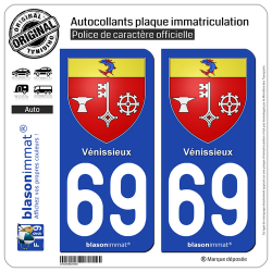 2 Autocollants plaque immatriculation Auto 69 Vénissieux - Armoiries