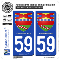 2 Autocollants plaque immatriculation Auto 59 Villeneuve d'Asq - Armoiries