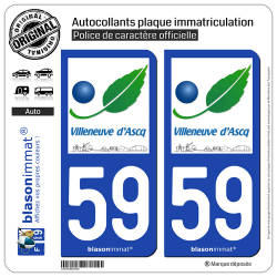 2 Autocollants plaque immatriculation Auto 59 Villeneuve d'Asq - Ville