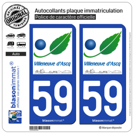 2 Autocollants plaque immatriculation Auto 59 Villeneuve d'Asq - Ville