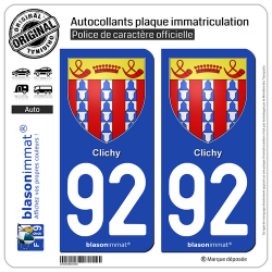 2 Autocollants plaque immatriculation Auto 92 Clichy - Armoiries