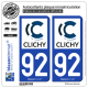 2 Autocollants plaque immatriculation Auto 92 Clichy - Ville