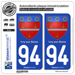 2 Autocollants plaque immatriculation Auto 94 Ivry-sur-Seine - Armoiries