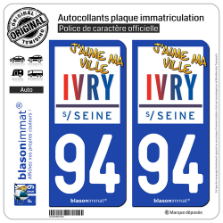 2 Autocollants plaque immatriculation Auto 94 Ivry-sur-Seine - Ville