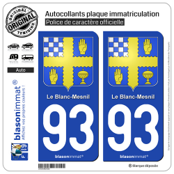 2 Autocollants plaque immatriculation Auto 93 Le Blanc-Mesnil - Armoiries