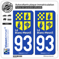 2 Autocollants plaque immatriculation Auto 93 Le Blanc-Mesnil - Ville