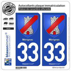 2 Autocollants plaque immatriculation Auto 33 Mérignac - Armoiries