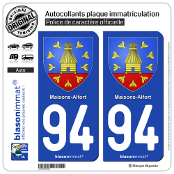 2 Autocollants plaque immatriculation Auto 94 Maisons-Alfort - Armoiries
