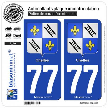2 Autocollants plaque immatriculation Auto 77 Chelles - Armoiries