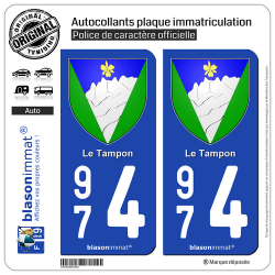 2 Autocollants plaque immatriculation Auto 974 Le Tampon - Armoiries